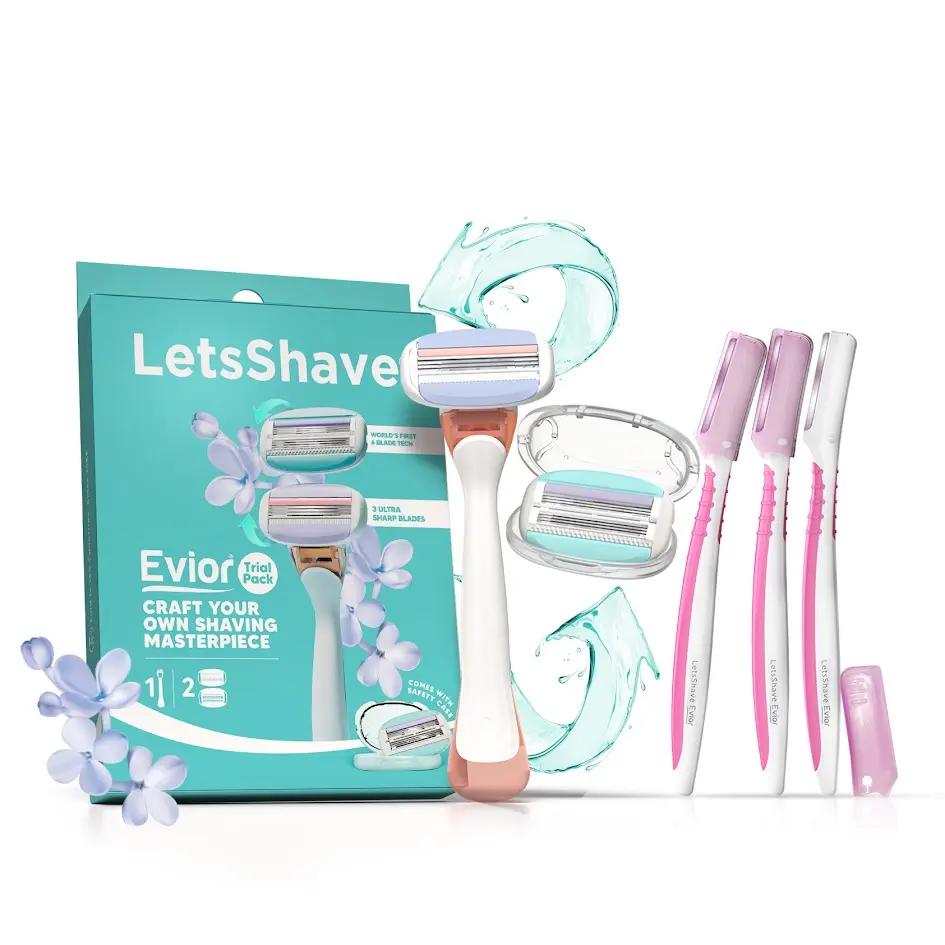 LetsShave Evior Face And Body Care Shaving Kit For Women With 6 Blade Full Body Razor For Women + Eyebrow & Facial Razor For Women (Pack Of 3) | Hair Removal Machine For Women