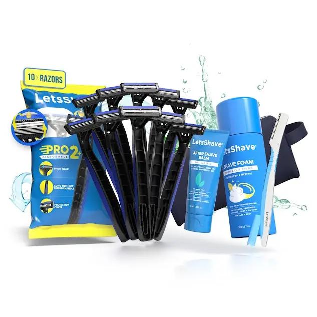 LetsShave Pro 2 Disposable Pack Of 10 Combo Pro 2 Plus Disposable Razor (10)+AfterShavebalm 30 Ml+Shave Foam -200G+Travel Pouch+Pro Styler