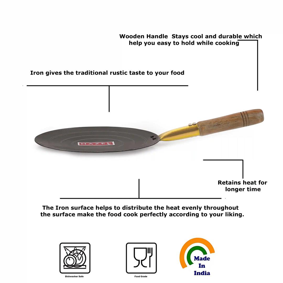 HAZEL Iron Tawa with Wooden Handle Grip Loha Lokhand Pan Concave Tava for Roti Chapathi Paratha Fulka Dosa Omelette, 22 cm