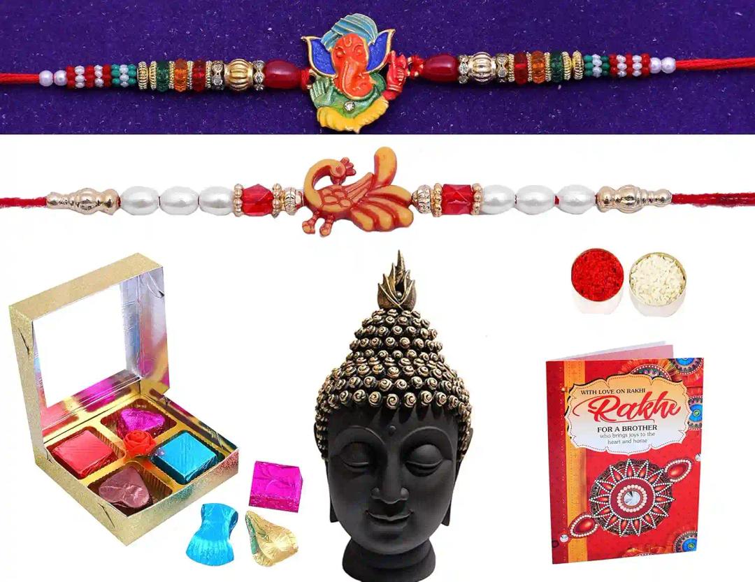 Rakhi For Brother And Bhabhi/Rakhi For Brother Combo/Rakhi Combo Set/Rakhi Gifts- 2 Premium Kundan Rakhi+1 Showpiece Figurine+Chocolate Box+Roli, Chawal Tika+Rakhi Greeting Card