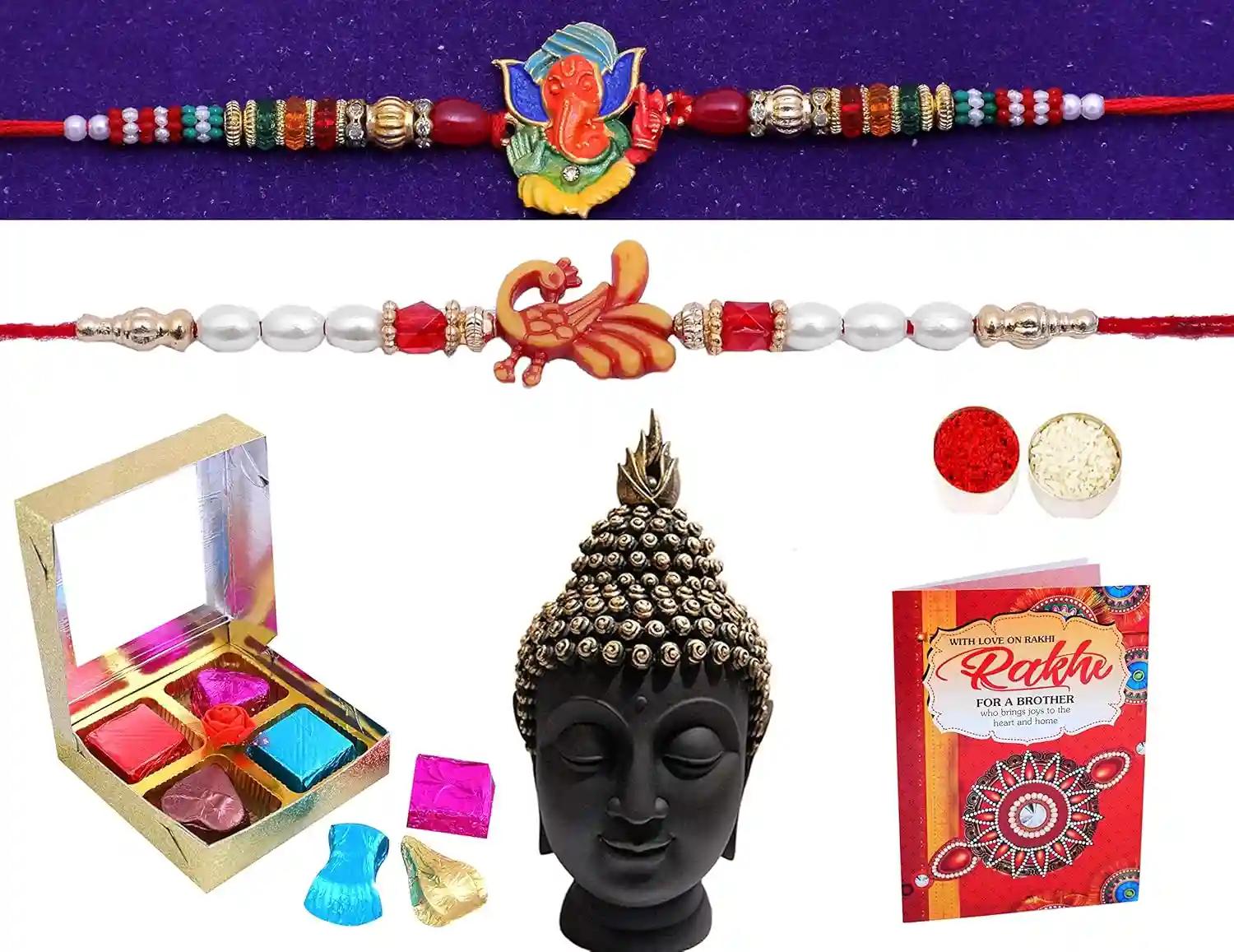 Rakhi For Brother And Bhabhi/Rakhi For Brother Combo/Rakhi Combo Set/Rakhi Gifts- 2 Premium Kundan Rakhi+1 Showpiece Figurine+Chocolate Box+Roli, Chawal Tika+Rakhi Greeting Card