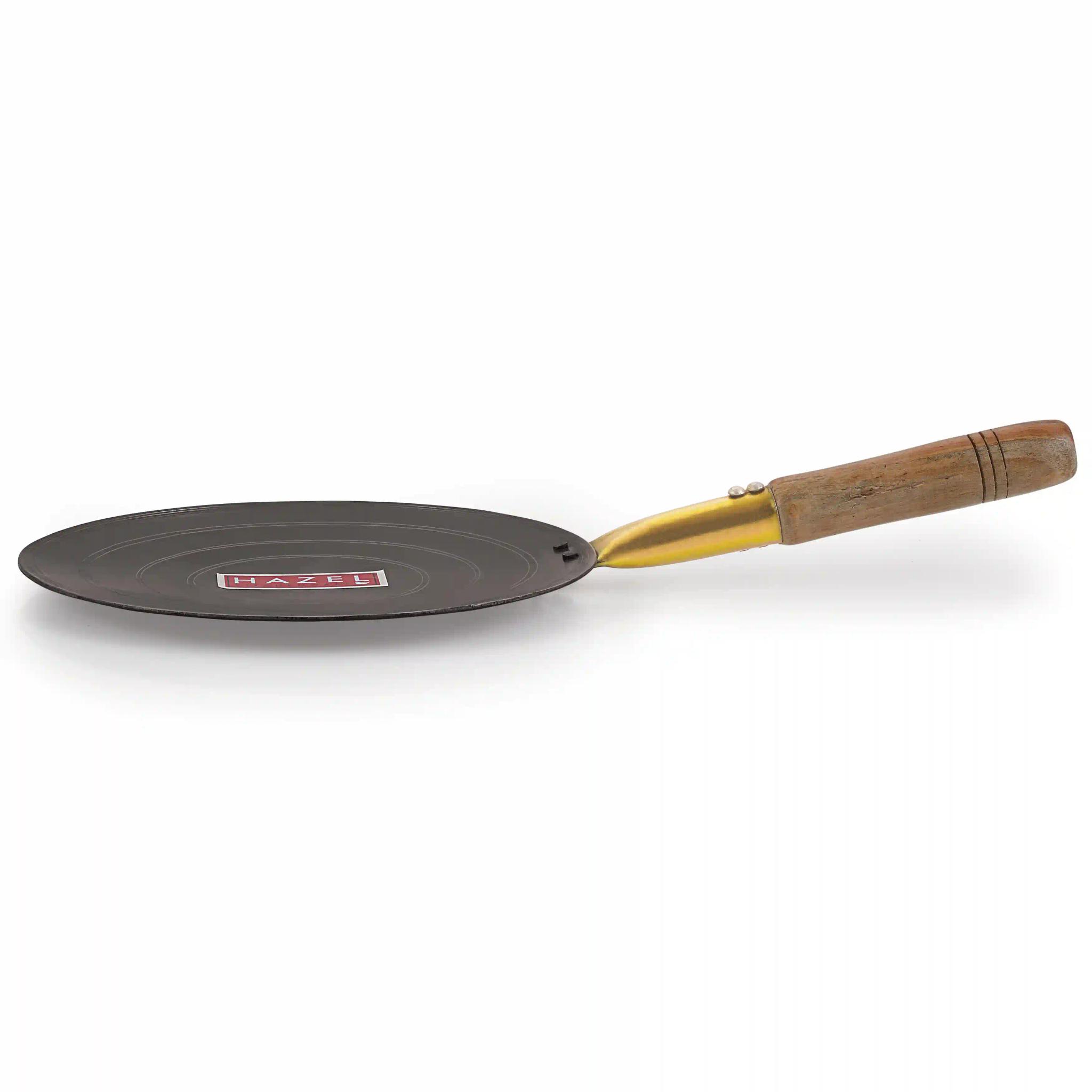 HAZEL Iron Tawa with Wooden Handle Grip Loha Lokhand Pan Concave Tava for Roti Chapathi Paratha Fulka Dosa Omelette, 22 cm