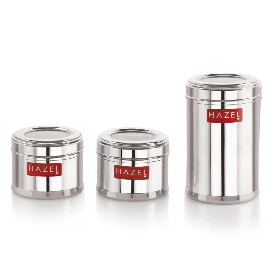 HAZEL Stainless Steel Kitchen Containers Set of 3 | Top See Through Stainless Steel Airtight Masala Box for Kitchen Storage with Airtight Lid