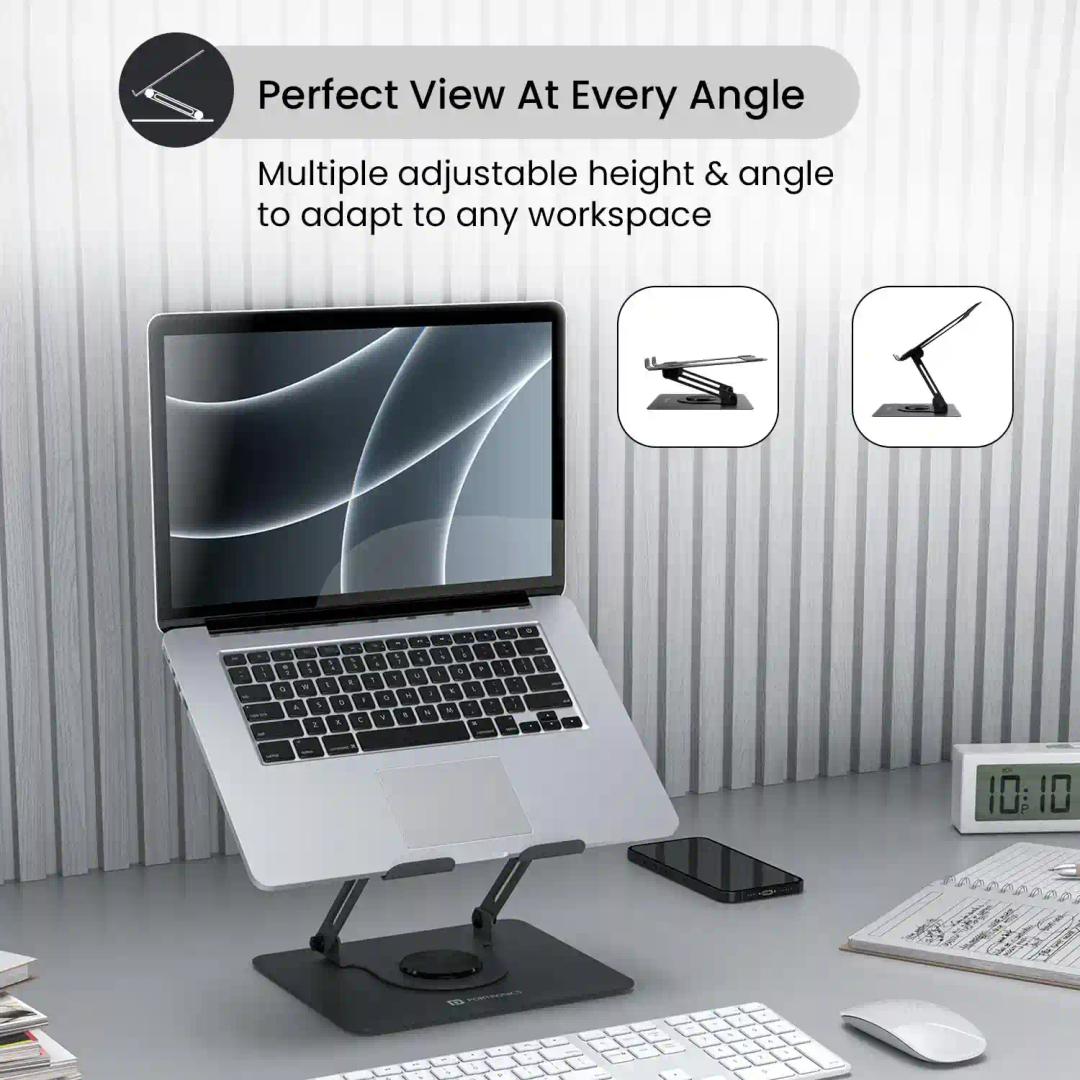 Portronics My Buddy K11 Metal Laptop Stand with 360° Rotation, Height & Angle Adjustable, Foldable Design, Improves Air Flow, Carbon Steel Body, 10 kg Max Weight for Laptops & MacBook (Black)