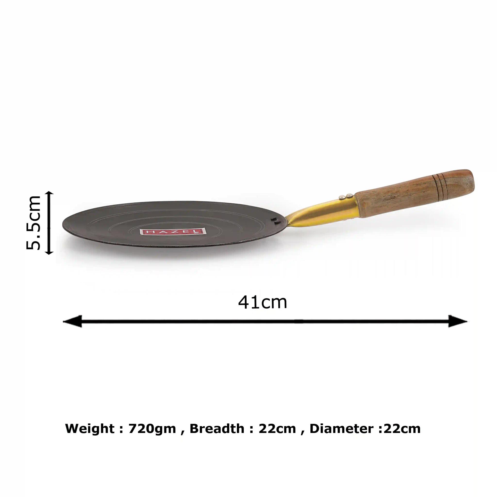 HAZEL Iron Tawa with Wooden Handle Grip Loha Lokhand Pan Concave Tava for Roti Chapathi Paratha Fulka Dosa Omelette, 22 cm