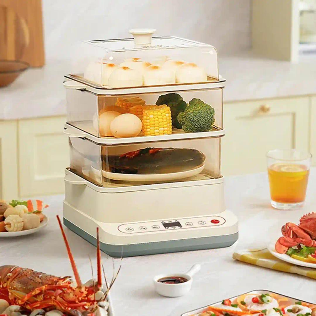 24L Electric Multifunctional Steamer Three Layer High Capacity with Appointment & Timer, Digital Steamer for Fast Simultaneous Cooking, 800W Heating, Auto Shutoff & Boil Dry Protection (1-Pcs)