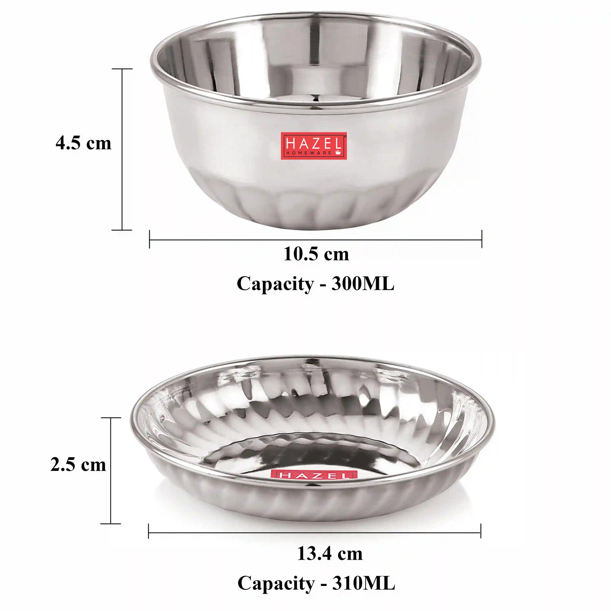 HAZEL Dessert Bowl (Stainless Steel (Plate & Bowl), Set of 6 (3pcs Bowl : 300 ML, 3pcs Plate : 310 ML))