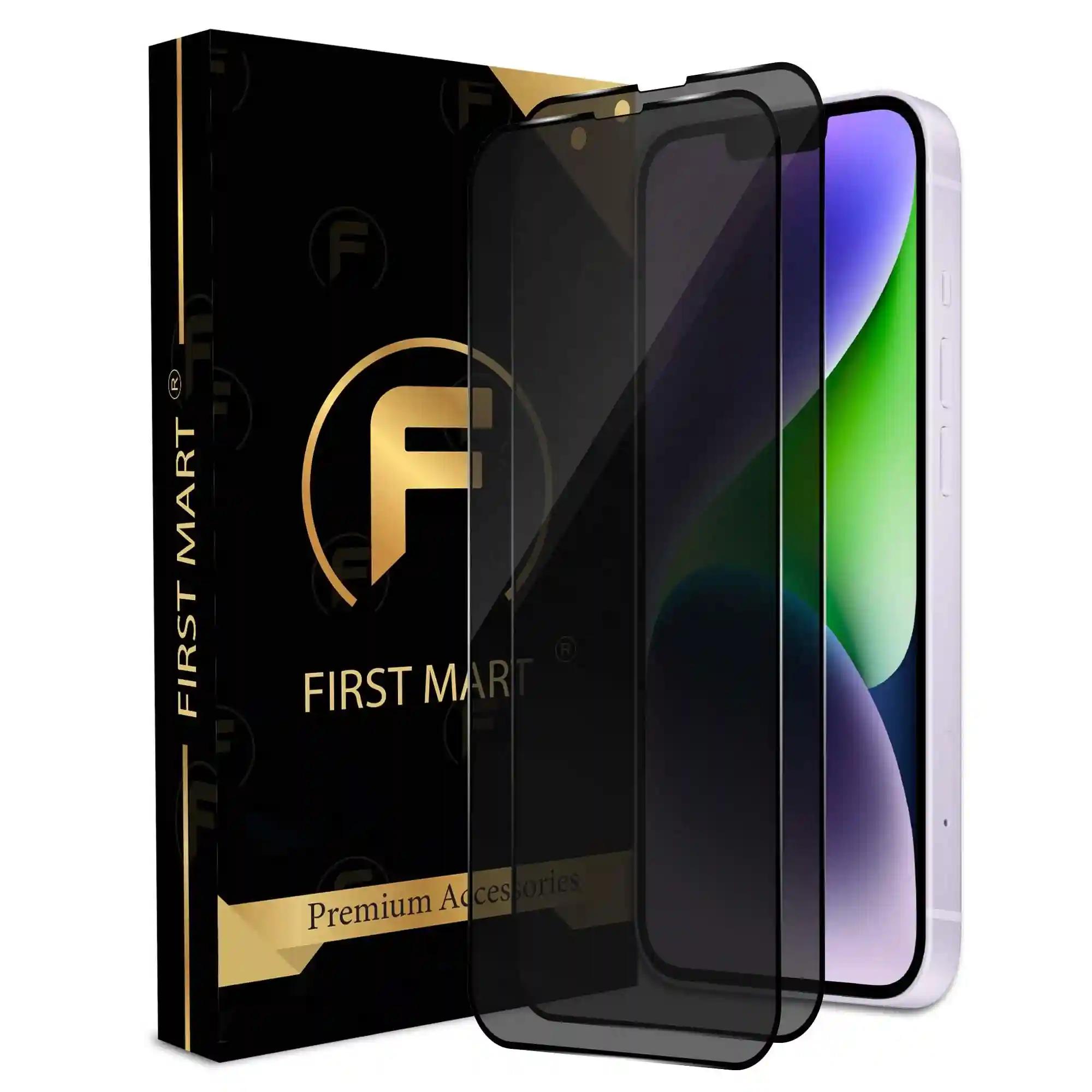 FIRST MART Edge to Edge Privacy Tempered Glass for iPhone 14 Plus / 13 Pro Max Full Screen Coverage with Easy Installation Kit, 2 Pack Black Glossy AntiSpy Glass