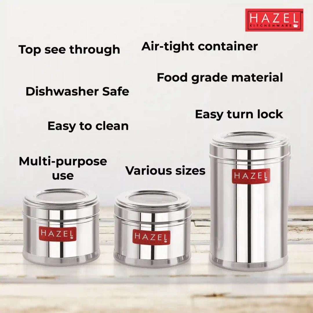 HAZEL Stainless Steel Kitchen Containers Set of 3 | Top See Through Stainless Steel Airtight Masala Box for Kitchen Storage with Airtight Lid