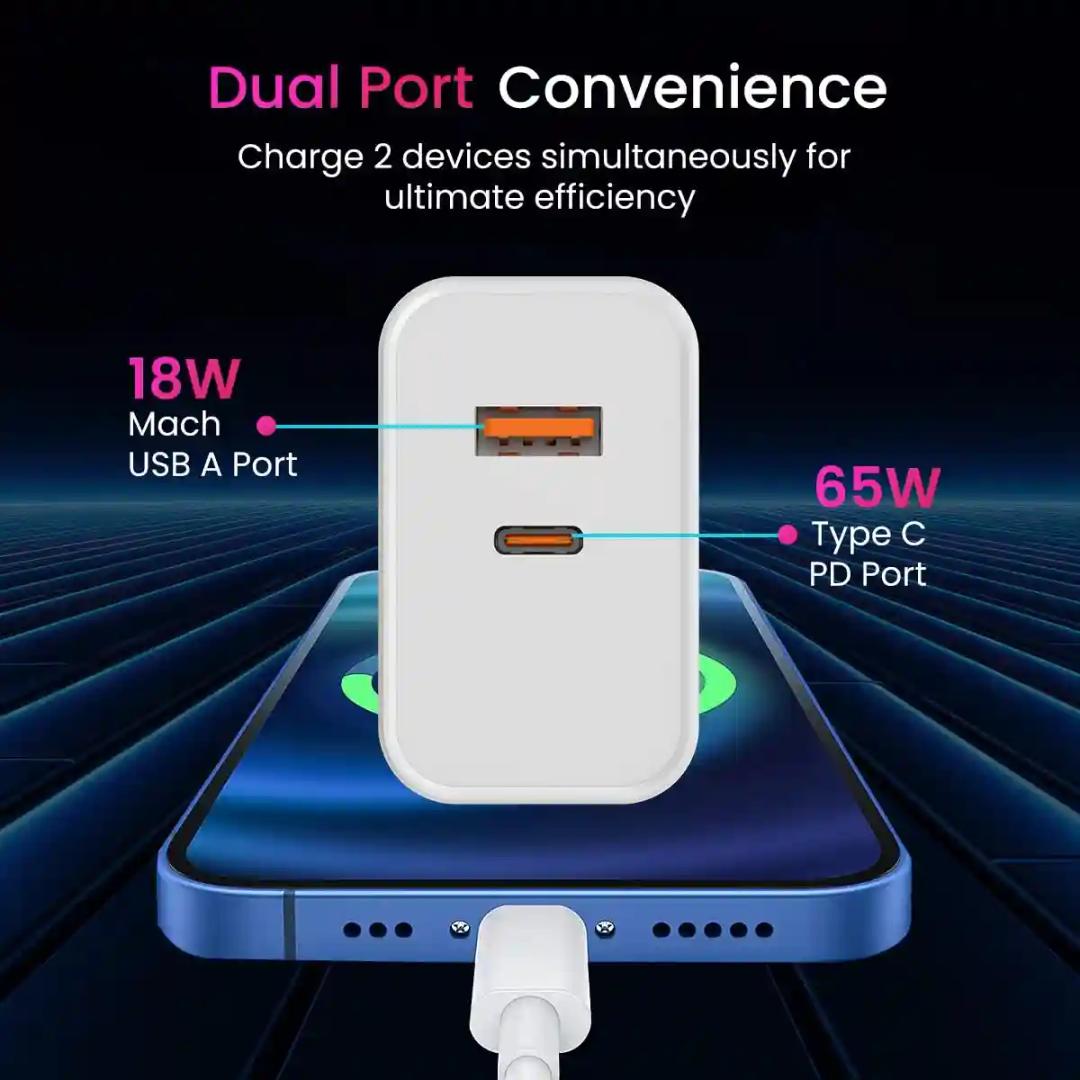 Portronics Adapto 65 Pro 65 W SuperVooc/Dash/Wrap Adaptor, Dual Ports Outputs GaN Fast Wall Charger comes with 100 W Unbreakable Nylon Braided Type C to Type C fast charging cable(White)