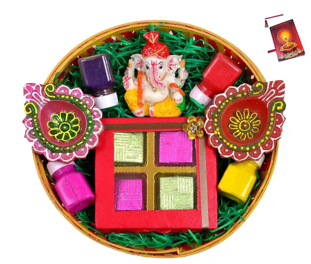 Diwali gifts for employees/Diwali gift hampers/Diwali gift box/diwali gifts items-Decorated basket+Handmade Chocolate box+showpiece figurine+2 earthern diyas+4 rangoli colours +Diwali greeting card