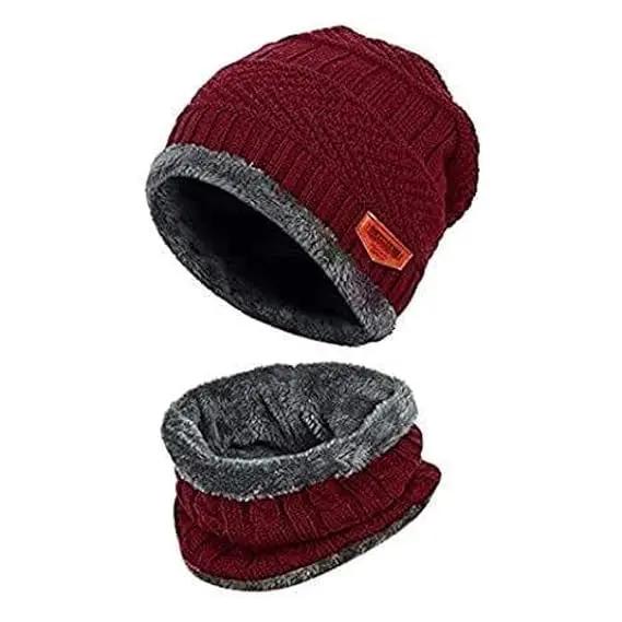 YOUTH ROBE - Premium Brand Knitted Winter Cap & Neck Scarf with fleece,Unisex Beanie Cap with Neck Warmer for Women,Thermal Cap, Fluffy Woolen Cap (set of gloves and cap) Maroon