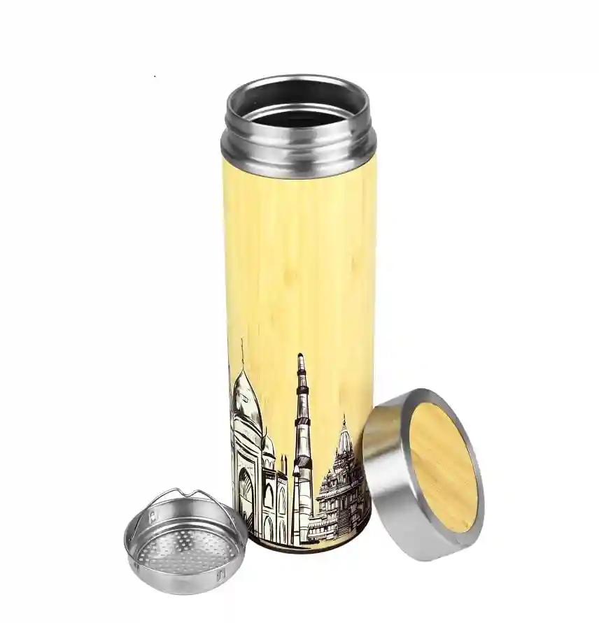 CORNER ART STORE Bamboo Stainless Steel Bamboo Bottle | Stainless Steel Grace Meets Artisanal Craftsmanship | Sustainably Designed with Hot & Cold Insulation | Leakproof, Strainer-Equipped for Effortless Use | Ideal for Home, Office, Gym, and Travel | A Thoughtful Companion for Adults & Kids | 450 ML | Enchanted Monumental Memories Collection | Eco-Friendly