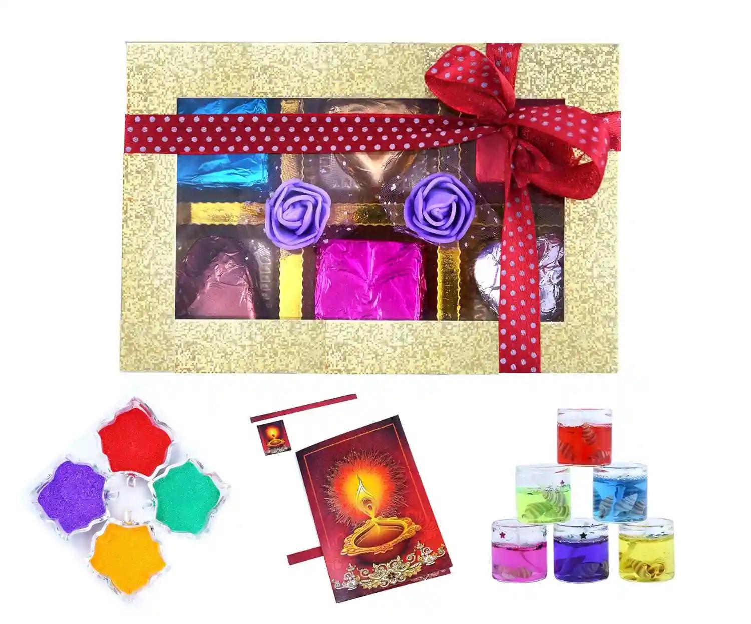 Mantouss Return Gift Diwali Chocolate Box + 2 Gel Filled Glass Candle, Diwali Greeting Card and Rangoli Colours