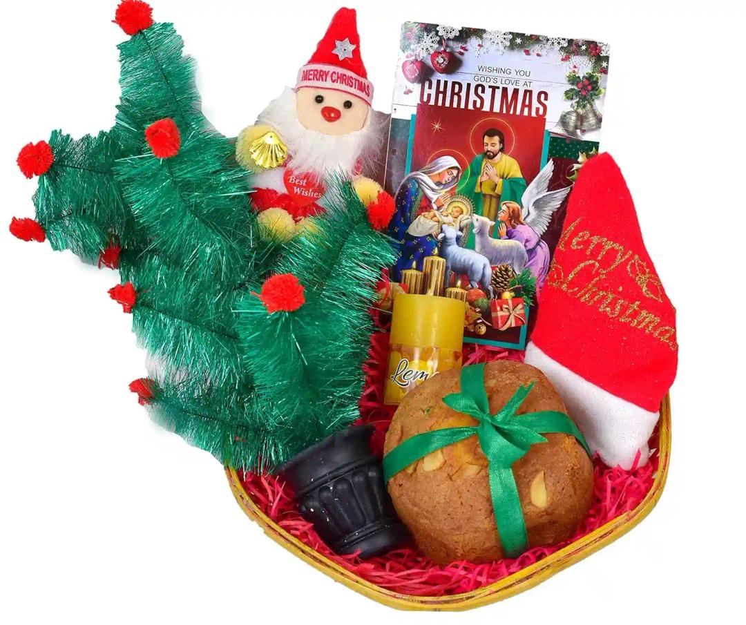 Christmas Gift for Friends/Christmas Gifts/Christmas Gift Hamper/Christmas Cake Gift-Decorated Basket+200gms Cake+Christmas Tree+Santa Claus Cap+Scented Candle+Santa Claus Soft Toy+Christmas Card