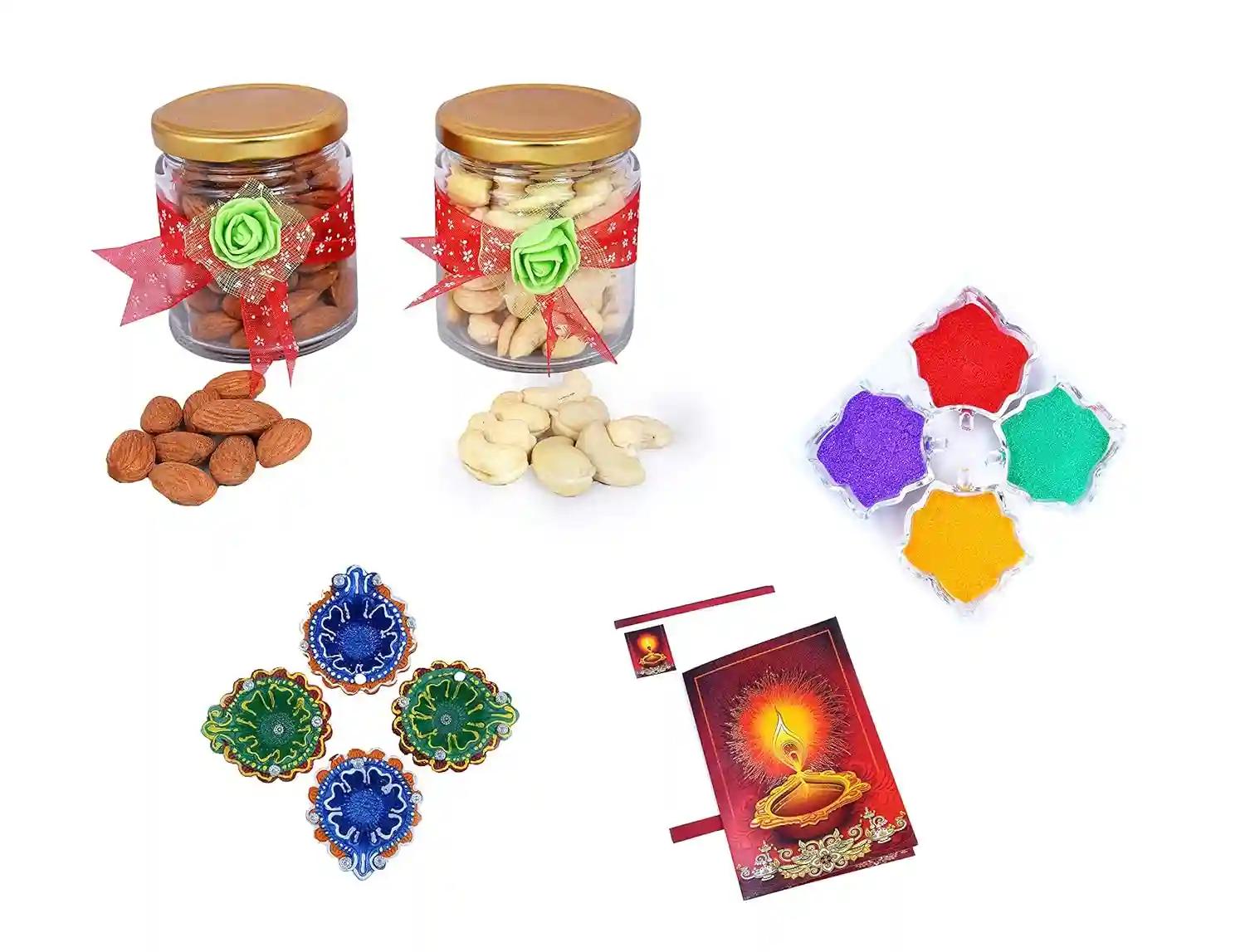 MANTOUSS Diwali Dry Fruit Decorative Glass Jar-Almond and Cashew(100gms Each),200 GMS + 2 earthern Diya, Diwali Greeting Card and Rangoli Colours