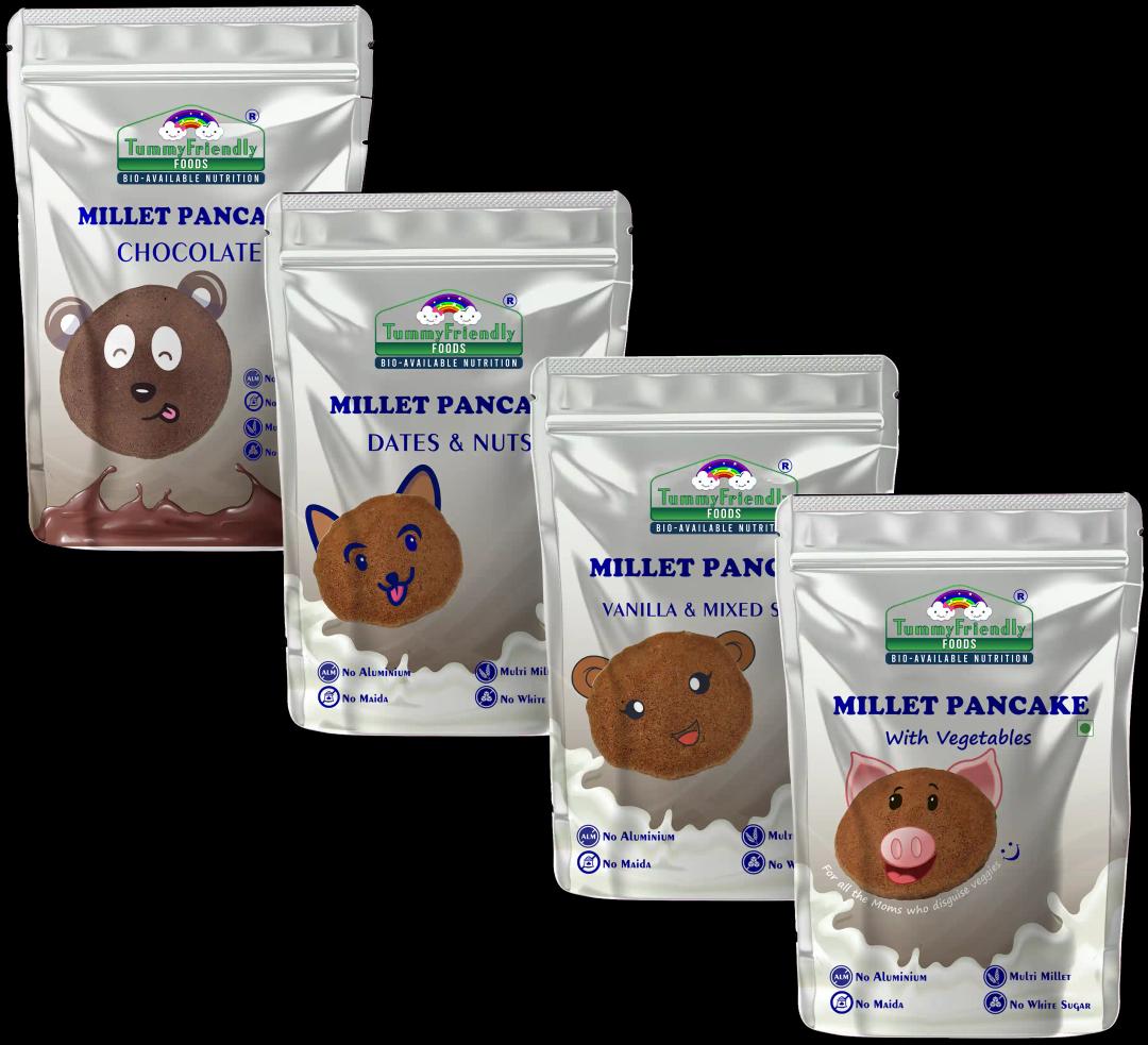 Tummyfriendly Foods Aluminium-Free Millet Pancake Mixes Trial Packs With Chocolate, Nuts, Veggies 50 G (Pack Of 4)