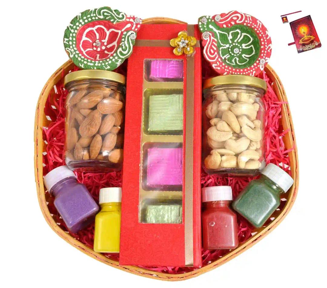 Diwali dry fruits chocolate candy box/diwali gift for corporate gifting-decorated basket+2 Jars of Dry Fruits(Almond and Cashew)+Chocolate box+2 decorative diya+4 Rangoli Colours+Diwali Card