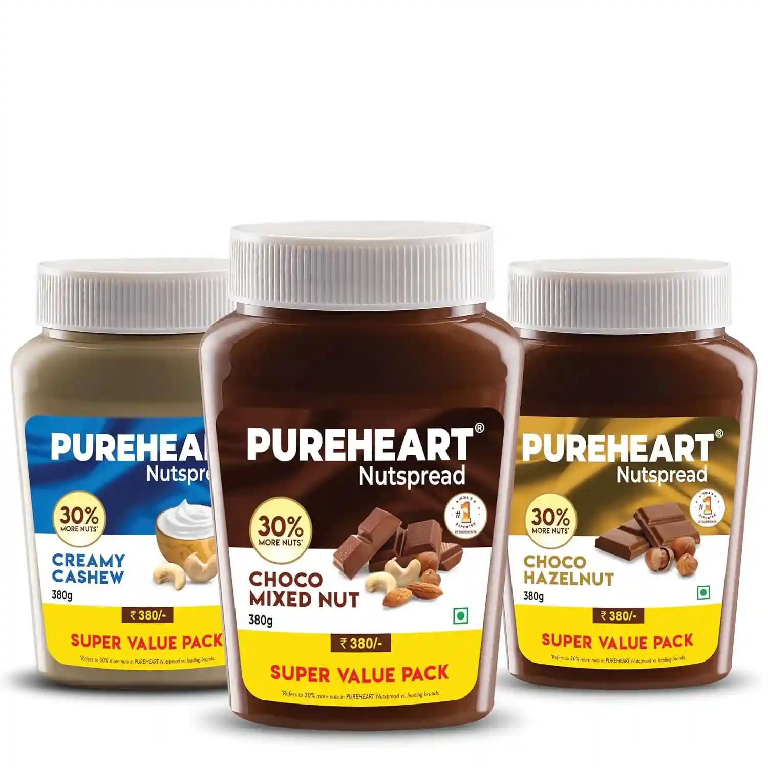 PUREHEART Nut Spread Combo of Creamy Cashew (380 gm) Choco Hazelnut (380 gm) and Choco Mixed Nut (380 gm)- Creamy and Nutty Chocolate Spread for Breakfast