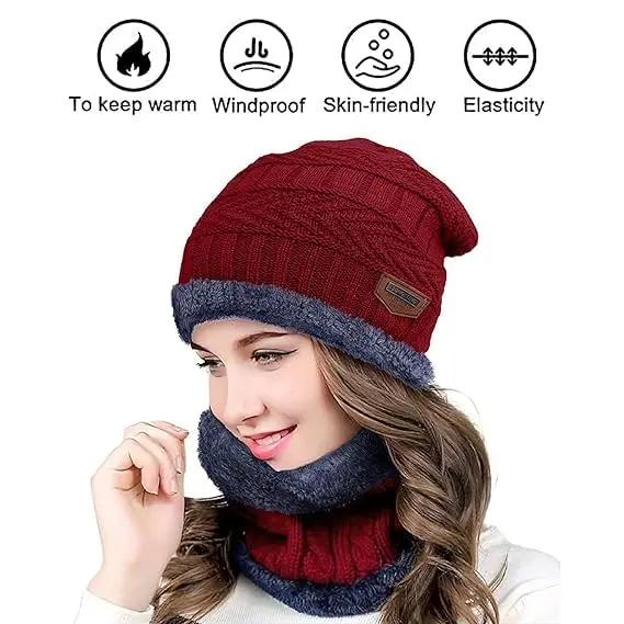 YOUTH ROBE - Premium Brand Knitted Winter Cap & Neck Scarf with fleece,Unisex Beanie Cap with Neck Warmer for Women,Thermal Cap, Fluffy Woolen Cap (set of gloves and cap) Maroon