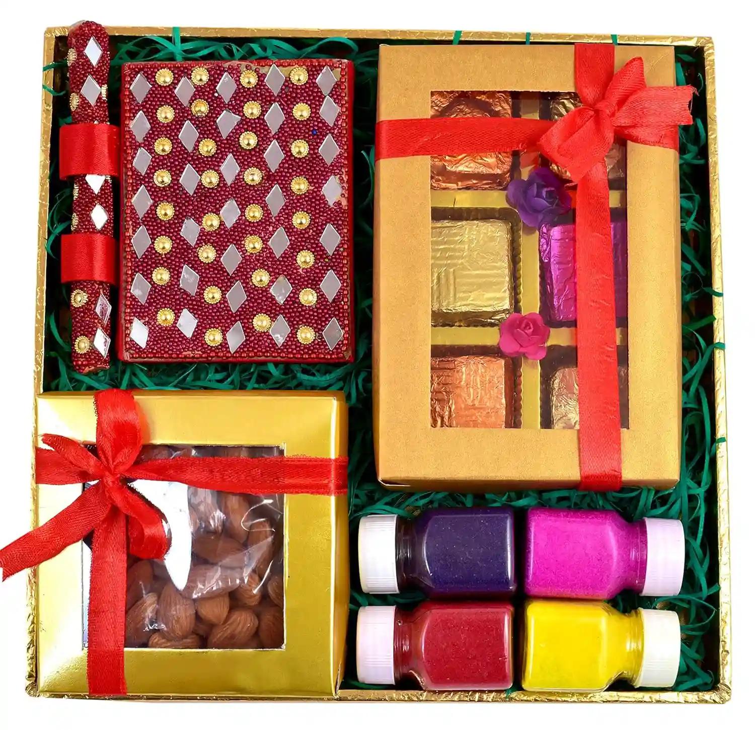 Diwali dry fruit gift pack/diwali dry fruits gift box/diwali gift fry fruit/diwali gifts-decorated tray+box of almonds+chocolate box+Rajasthani style diary pen+4 Rangoli Colours+Diwali greeting Card