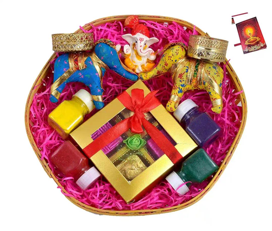 Diwali gifts for friends and family/Diwali gift items/Diwali chocolate gift hamper-Handcrafted chocolate box+Pair of Elephant Shape Candle Holder+4 Rangoli Colours+Showpiece figurine+Greeting Card