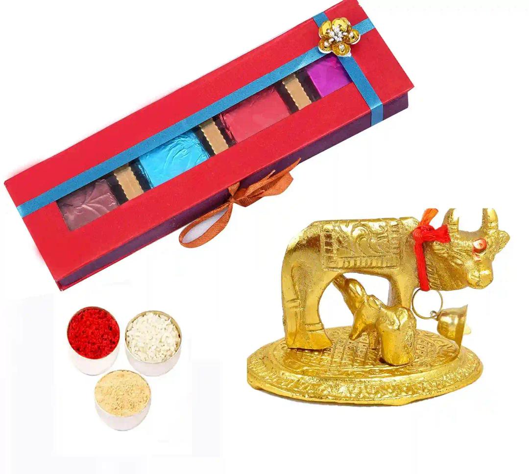 Bhai dooj gift set for brother/bhai dooj tika set/bhai dooj tika/bhai dooj roli chawal/bhaiya dooj gift with chocolates-Chocolate box+roli chawal chandan+cow and calf decorative showpiece