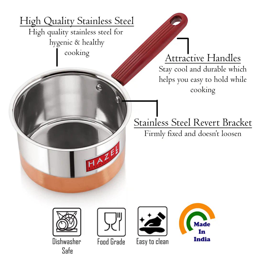 HAZEL Steel Sauce Pan |Alfa Premium Heavy Gauge Tea Pot, 800 ML | Stainless Steel Sauce Pan | Cookware with Copper Bottom | Milk Pan with Copper Bottom