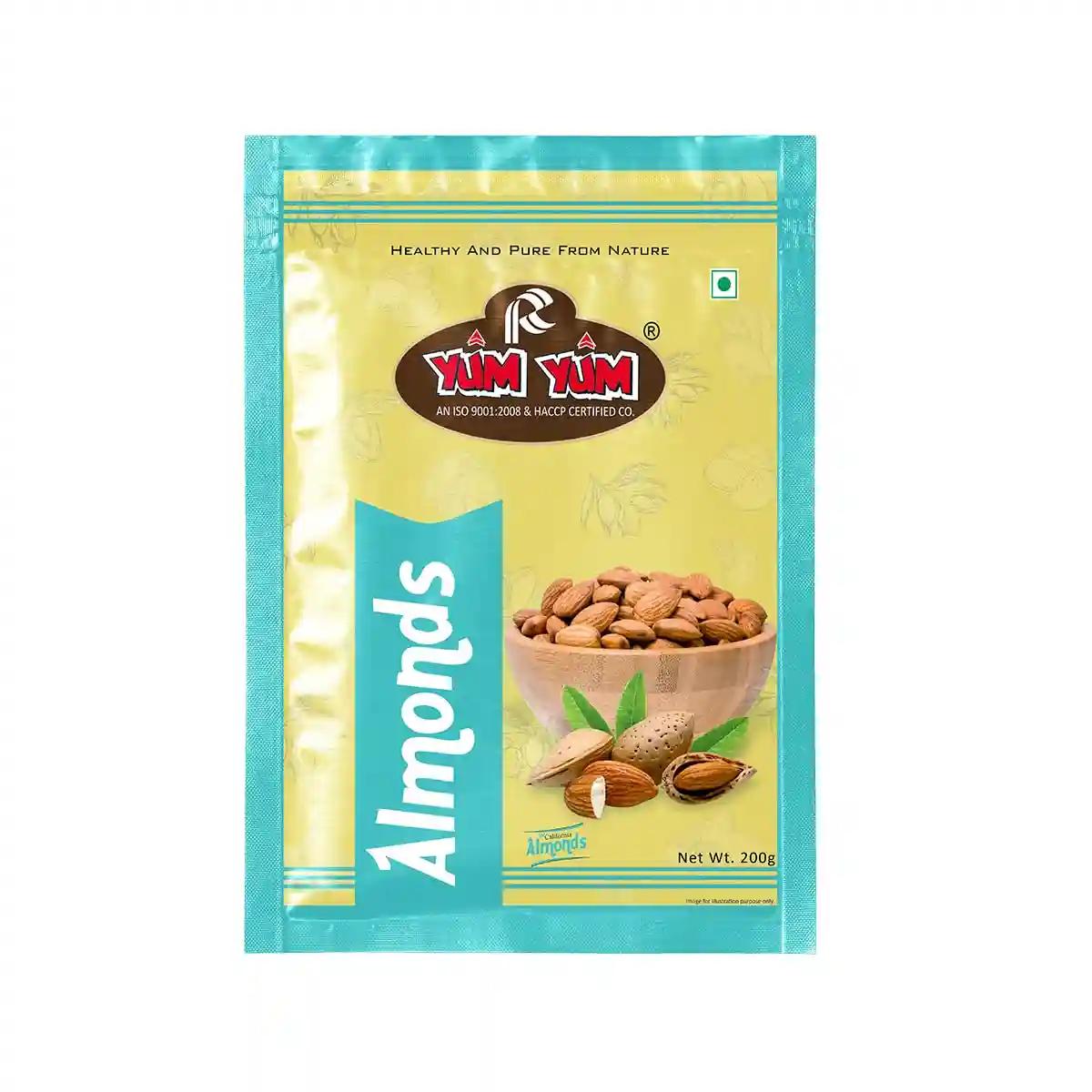 YUM YUM 100% Natural Premium California Almonds 200g Dried | Premium Badam Giri | High in Fiber & Boost Immunity | Real Nuts | Gluten Free & Zero Cholesterol