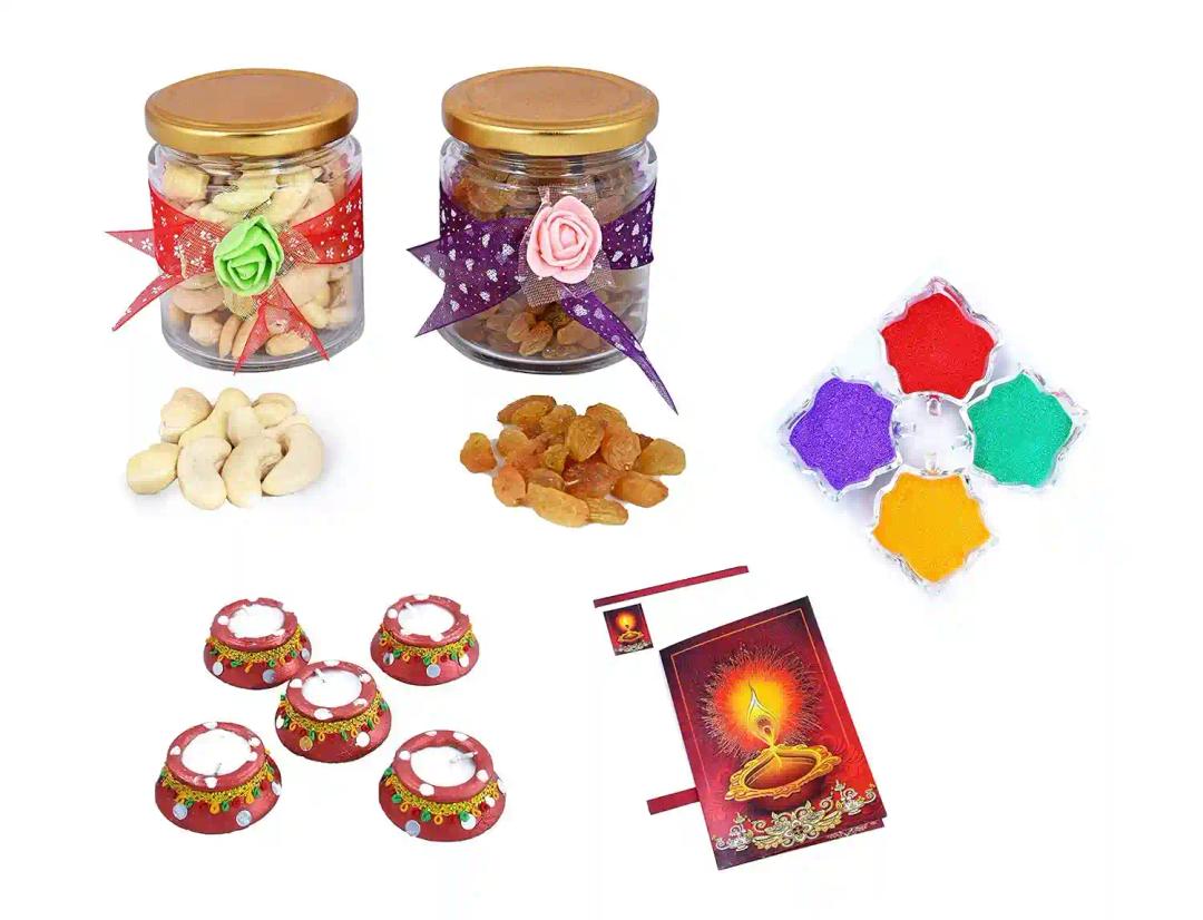 MANTOUSS Diwali Dry Fruit Decorative Glass Jar-Cashew and Raisins(100gms Each),200 GMS + 2 Matki Wax Filled Diya, Diwali Greeting Card and Rangoli Colours