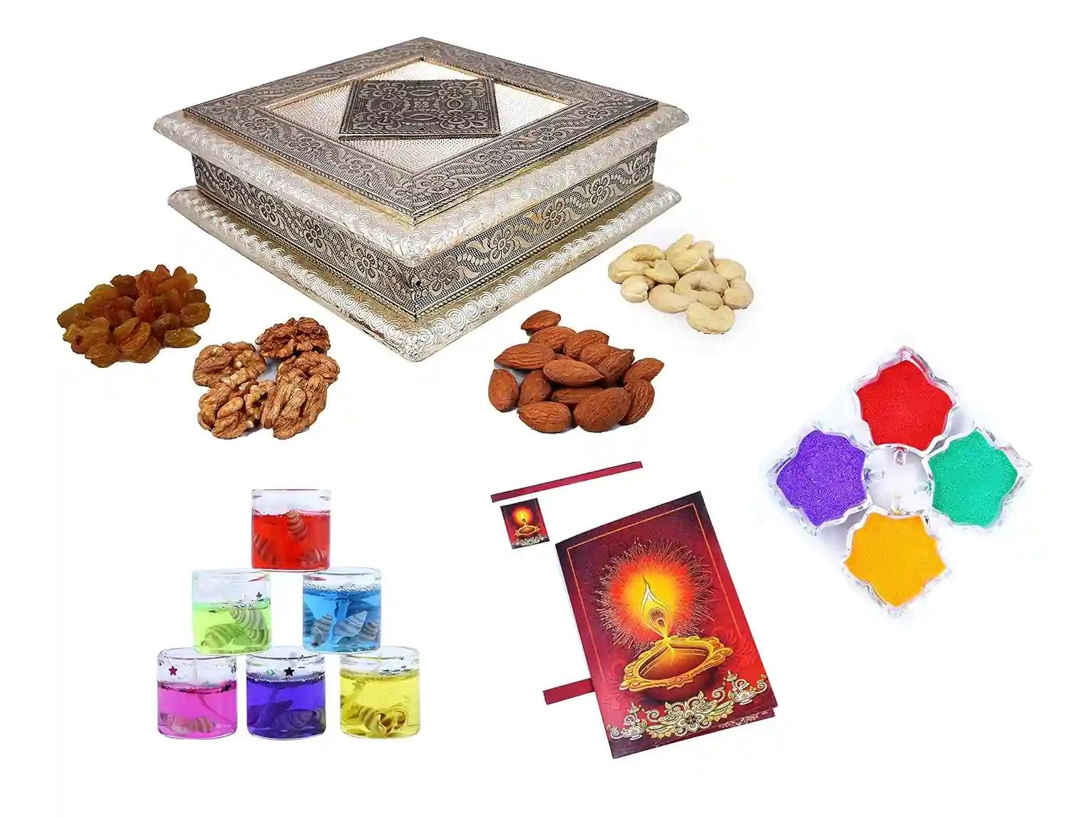 MANTOUSS Diwali Oxidised Dry Fruit Hamper/Pack/Combo-Cashew,Almond,Walnut and Raisin (100gms Each) 400gms + 2 Gel Filled Glass Candle,Diwali Greeting Card and Rangoli Colours