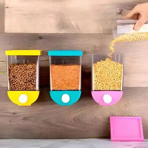 KHUSHIYA ENTERPRISE Wall Mounted Plastic (1100-ML) Kitchen Push Button Storage Container for Pulses, Beans, Grain,Nuts,Oatmeal and Candy Storage Dispenser, Push Storage Container (Multicolor) 1-pcs