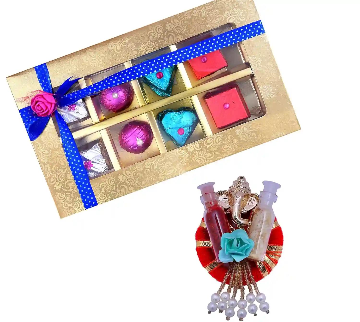 Bhai dooj gift set for brother/bhaiya dooj roli chawal/Bhaiya dooj gift for brother/bhai dooj thali/bhai dooj gifts for brother-Chocolate box+roli chawal chandan+Roli chawal platter/Pooja Thali