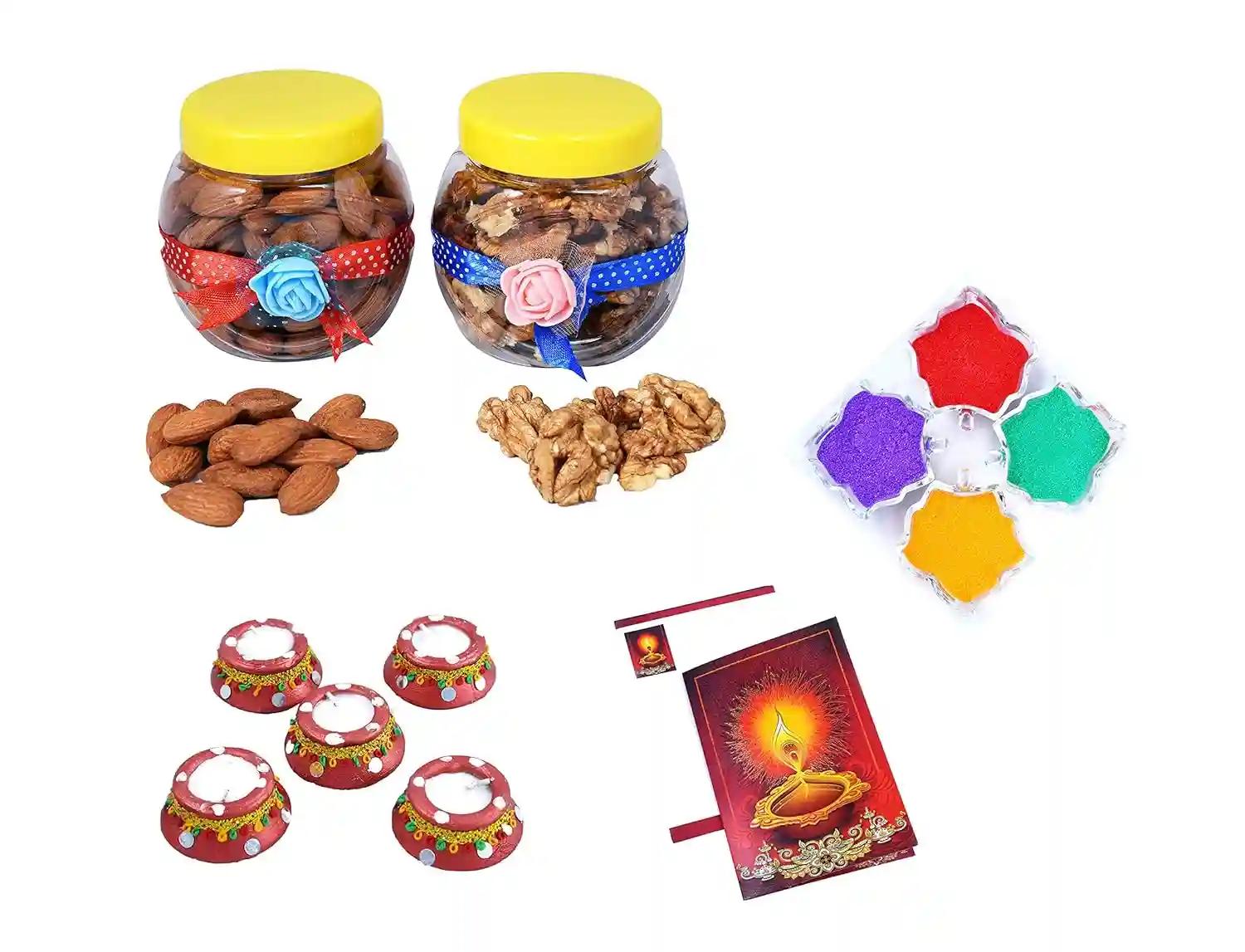 MANTOUSS Diwali Dry Fruit Decorated Jar-Almond and Walnut(100gms Each),200 GMS + 2 Matki Wax Filled Diya, Diwali Greeting Card and Rangoli Colours