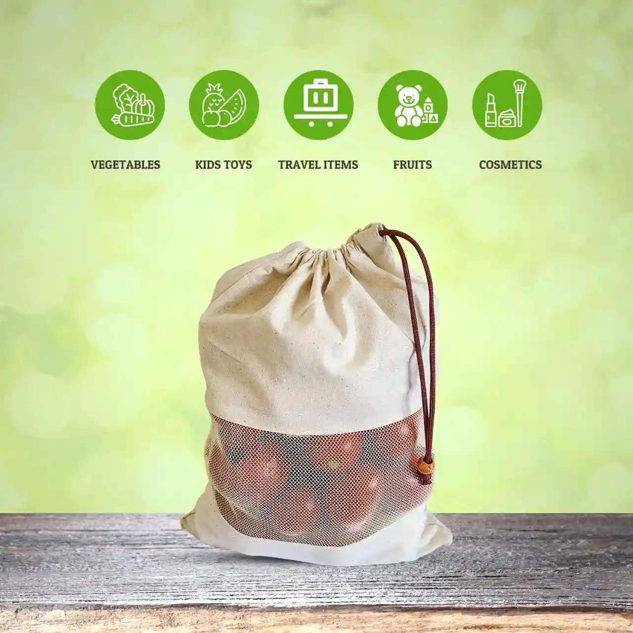 Fab Ellite Cotton Vegetable Bags Fridge Storage Bag Sabji Fruits Pouch Refrigerator Produce bags Clothe Muslin Reusable Washable with Drawstrings.(10 x 13) inch. (PACK OF 8)