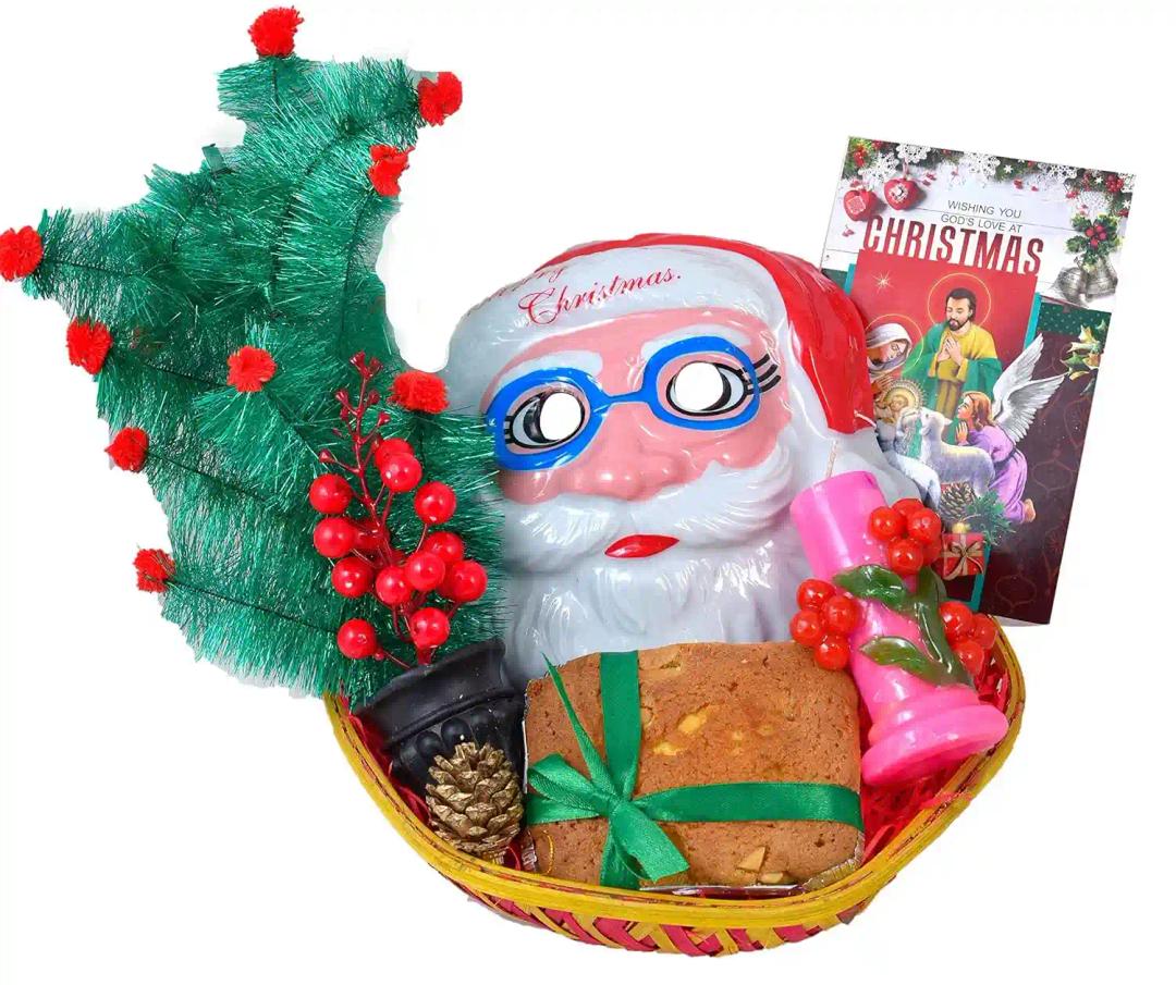 Christmas Gift Basket/Christmas Gift Hamper/Christmas Cake Gift-Decorated Basket+150gms Cake+Christmas Tree+Santa Claus mask+Cherry Tree Candle+Bunch of Decorative Cherry+Pine Cone+Christmas Card