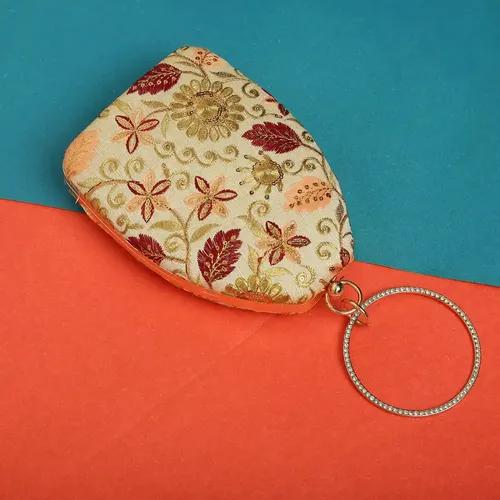 Stylish Embroidered Egg Shape Designer Fabric Clutch - Golden