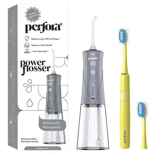 PERFORA Power Water Dental Flosser | 1 Year Warranty | Floss, Electric Toothbrush, Dental Flosser For Teeth Oral Care, 3 Modes - Electric Brush 002 & Flosser Combo| Sterling Grey & Sunshine Yellow