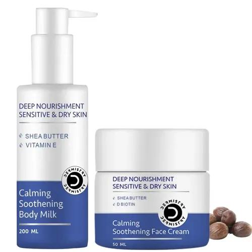 Dermistry Calming Soothing Body Milk Lotion For Sensitive & Dry Skin Deep Nourishment Moisturizer & Deep Nourishment Glowing Face Cream | Shea Butter, Vitamin E Non-Greasy, Repairs Smoothens | Light Weight Winter & All Season Daily Use | D Biotin Hyaluronic Acid For Men & Women ( Pack Of 2 250 Ml )