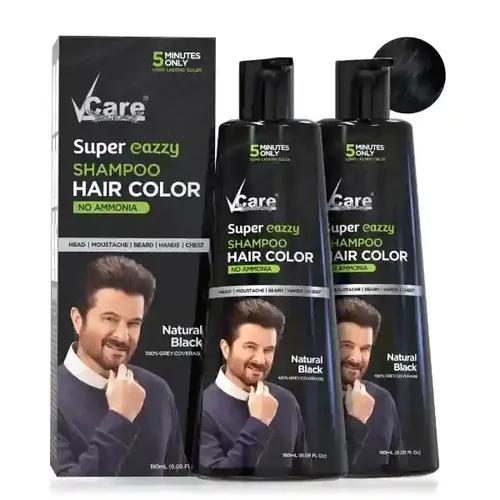 VCare Super Eazzy Black Hair Colour Shampoo for Women and Men 180ml | Only 5 Minute Root Hair Dye Coloring Kit Head, Moustache, Beard, Hands, Chest | No Parabens, Ammonia and Sulfate (180ml-Pack of 2)