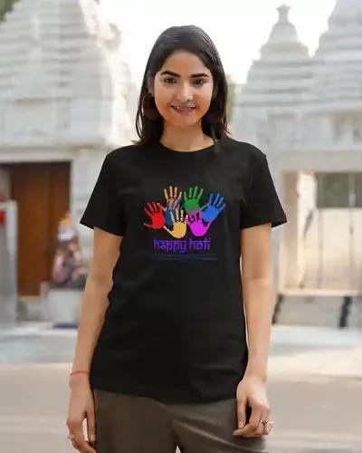 Celebrate with Style: Women's Colorful Handprint Holi T-Shirt in Vivid Contrasts | 100% Premium Bio Wash Cotton T-Shirts - S  (Black)