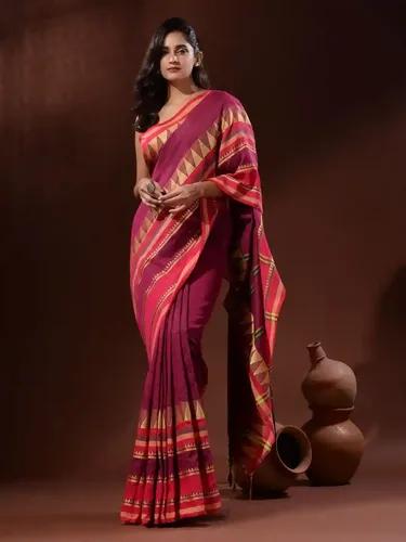 Jacquard Cotton Temple Check Border Handloom Saree - Magenta