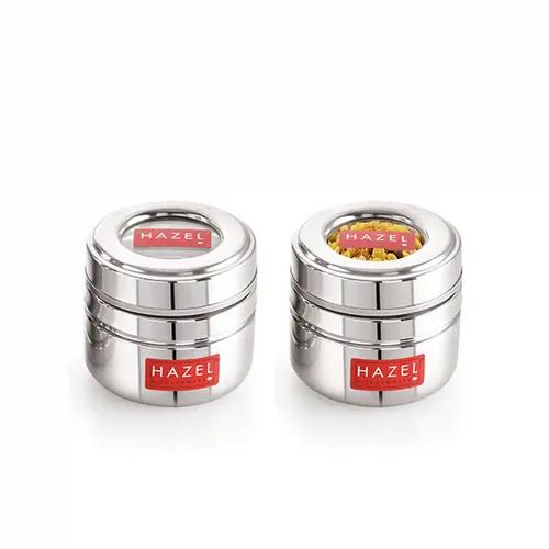 HAZEL Steel Small Container for Kitchen | Transparent Lid Containers for Storage | Small Container for Spices, Set of 2, 200 ML, SS, stainless steel