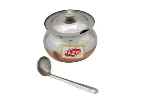 HAZEL Ghee Pot With Spoon | Stainless Steel Copper Bottom Ghee Container For Kitchen | Premium Oil Container With Lid For Pooja Items, 250 ML