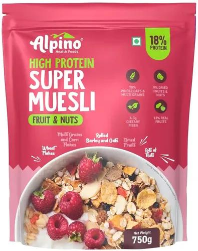 Alpino Health Foods High Protein Super Muesli Fruit and Nuts 750g - Dried Fruits & Nuts, No Sugar Infused Fruits - High in Protein, Source of Fiber, Vegan - Breakfast Cereal