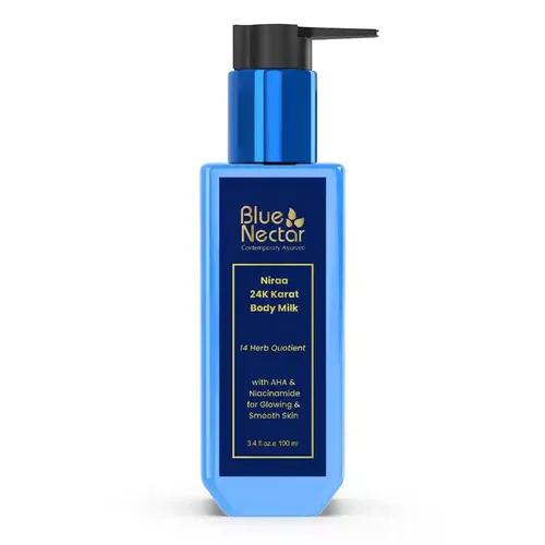 BLUE NECTAR 24K Carat Gold Body Milk for Women & Men | Body Lotion with Plant Based AHA & Niacinamide | Moisturizer for Body | All Skin Types (14 Herbs, 100ml)