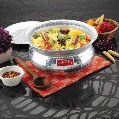 HAZEL Aluminium Hammered Finish Handi with Lid Biryani Rice Cooking Pot GOL Patiya Tope Patila Vessel, 29 cm, 6700 ML Silver