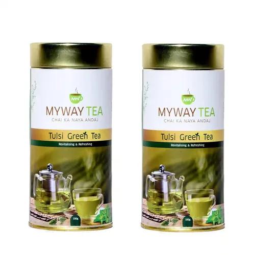 MYWAY TEA Tulsi Green Tea, Detox Green Tea Glowing skin antioxidants refreshes and tastes wonderful, Helps to Body Cleanse, Boost Immunity Promote Healthy & Glowing Skin, Zero Calories (200 gm) Pack of 2