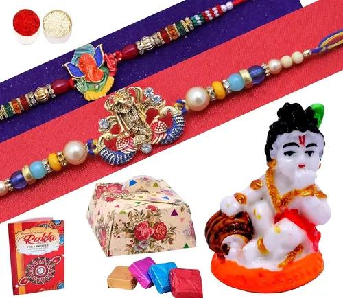 Set Of 2 Rakhi With Gift For Brother/Rakhi Gift For Brother Bhaiya Bhabhi/Rakhi Gift Set-2 Kundan Rakhi+Showpiece Figurine +Roli, Chawal+Rakhi Greeting Card