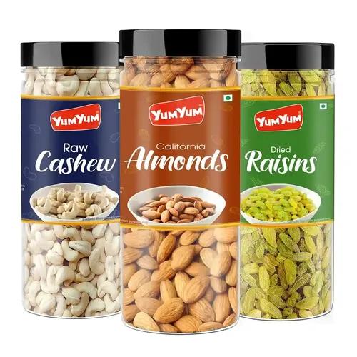 YUM YUM Premium Dry Fruits Combo Pack of 3 | California Almonds 150g, Whole Cashew Nut 150g, Dried Raisins Kishmish 150g| Total 450g | Healthy Dry Fruits Snacks | Badam, Kaju,Kismis Dry fruit Combo